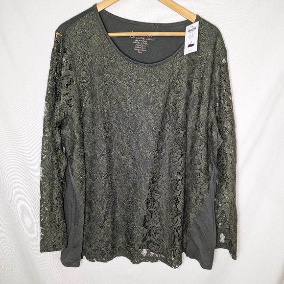By CHICO’S Green Gold Long Sleeves Lace Cotton Modal Tee Shirt Top size 4 - Picture 1 of 10